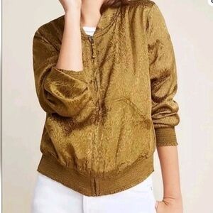 Anthropologie Maeve Olive Green Bomber Jacket with Ruched Sleeves